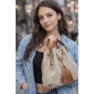 Michael Kors Canvas Leather Rope Tassel Drawstring Shoulder Bag Beige Tan Gold